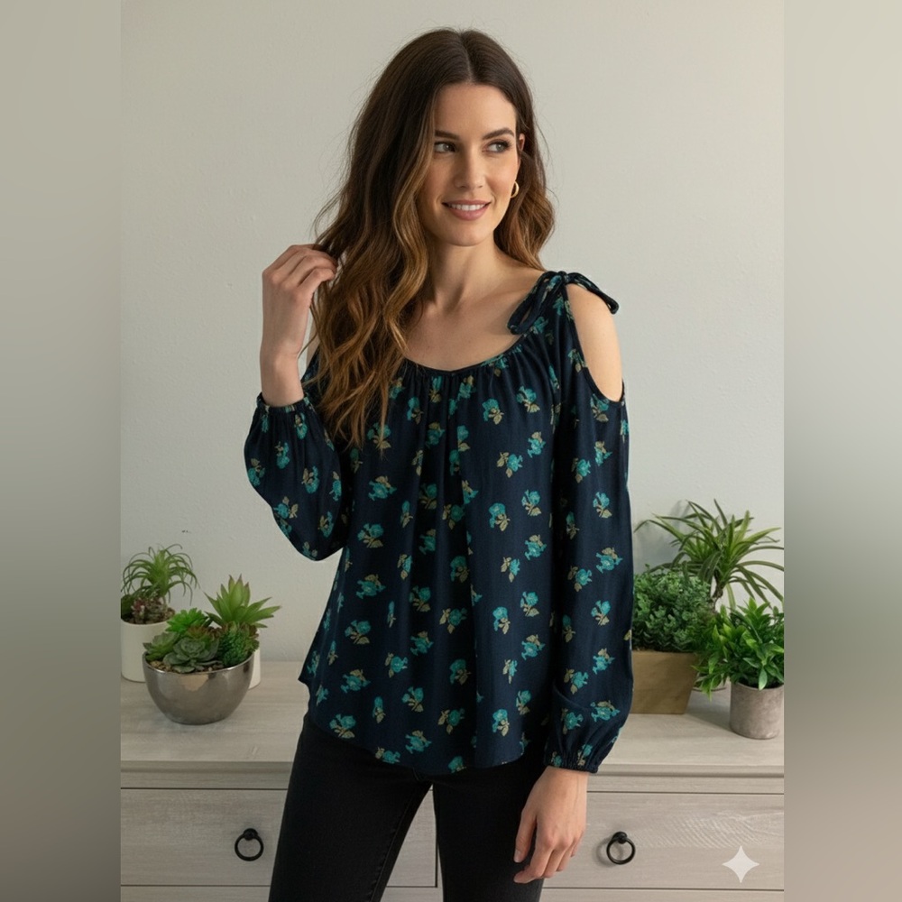 Rebecca Taylor blue floral cold shoulder silk blouse top shirt small